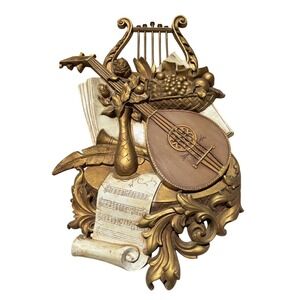 Vintage Gold Musical Wall Plaque Syroco Lute Lyre‎ Music Decor Hollywood